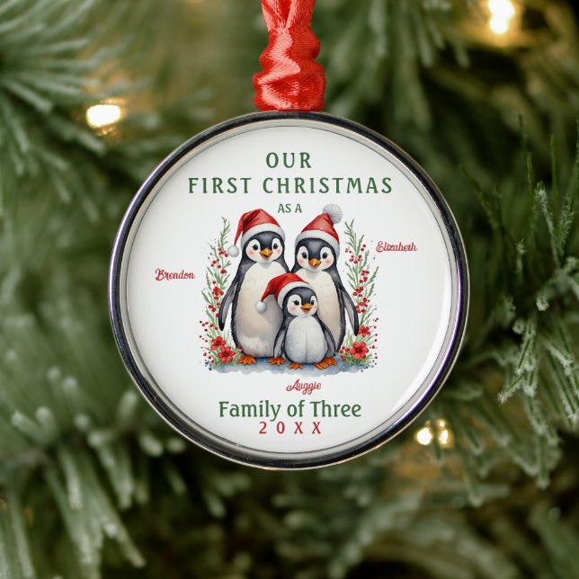 Pinguine Erste Weihnachtsfamilie von drei Ornament Aus Metall (Baum)