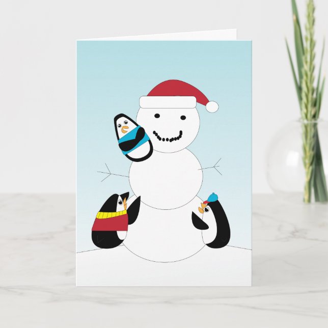 Pinguine Gebäude eine Snowman Weihnachtskarte Feiertagskarte (Vorderseite)