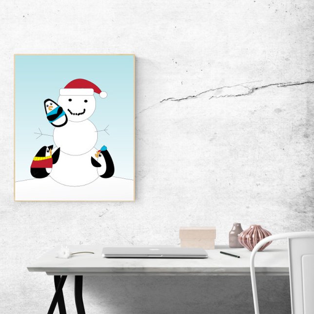 Pinguine Gebäude im Winter ein Schneemann Poster (A cute poster with three penguins building a snowman in the snow.)