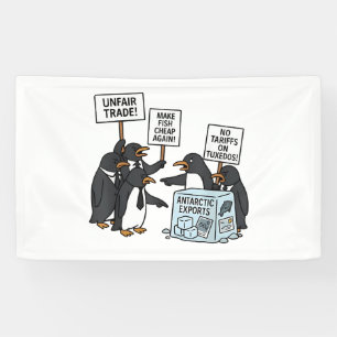 Pinguine gegen Zölle und Trump Banner