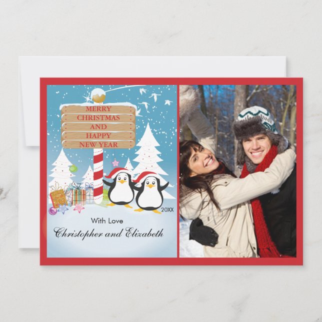 Pinguine Happy Couple Holiday Weihnachten Weihnach Einladung (Vorderseite)