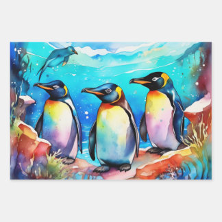 Pinguine Huddling in Watercolor Snowy Landschaft Geschenkpapier Set