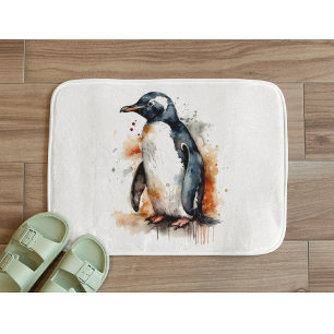 Pinguine in orangefarbenem und schwarzem Wasser Badematte
