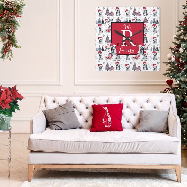 Pinguine in Weihnachtsmannmützen Winter Scene Patt Quadratische Wanduhr (Von Creator hochgeladen)