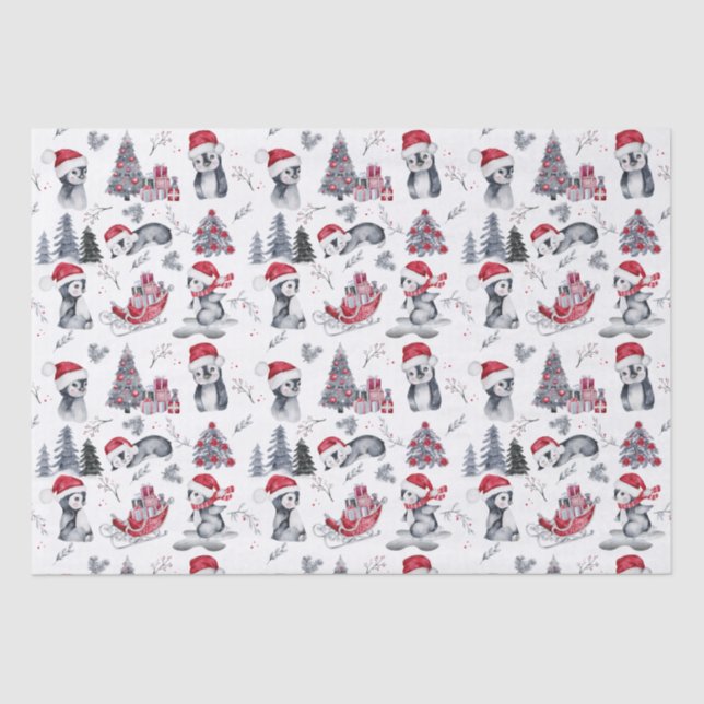 Pinguine in Weihnachtsmannmützen Winter Scene Patt Seidenpapier (Vorderseite)