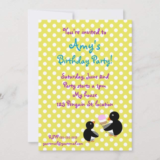 Pinguine mit Eis auf gelben Punkten laden Einladung (Vorderseite)