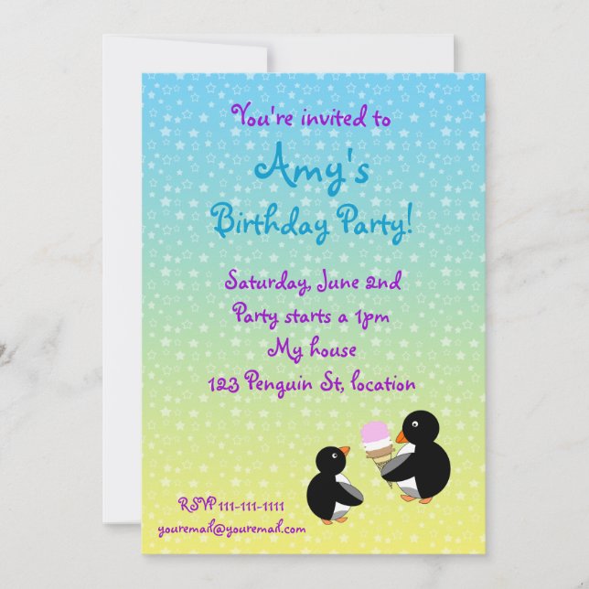 Pinguine mit Eis creamon blauen Gelbsternen Einladung (Vorderseite)
