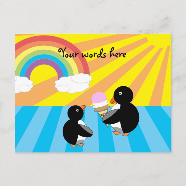 Pinguine mit Eis und Regenbogen Postkarte (Vorderseite)