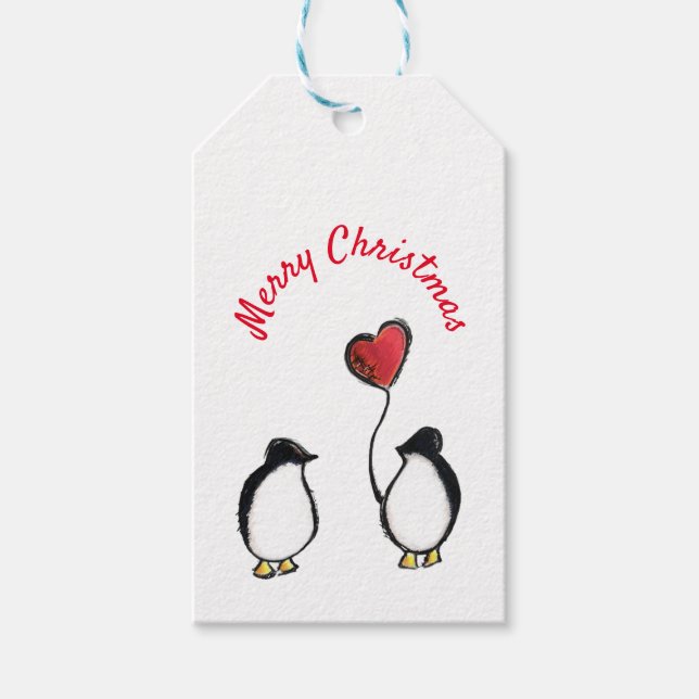 Pinguine mit Herzballon Weihnachtslabel Geschenkanhänger (Vorderseite)