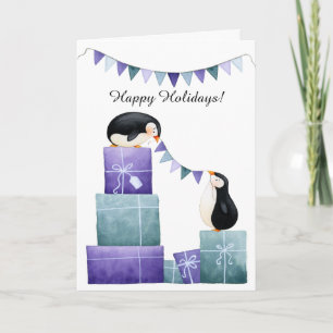 Pinguine mit lila und türkis Geschenken zu Weihnac Feiertagskarte