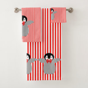 Pinguine mit Red Polka Dot Krawatte auf Roten Stre Badhandtuch Set