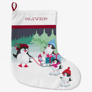 Pinguine mit Schlitten voller Weihnachtsgeschenke Großer Weihnachtsstrumpf