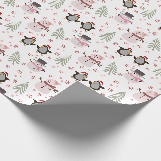 Pinguine, Schneemänner und Weihnachtsbaumen Geschenkpapier (Ecke)