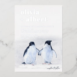Pinguine Silver Winter Elegante Moderne Hochzeit Folieneinladung