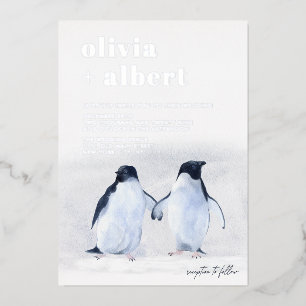 Pinguine Silver Winter Elegante Moderne Hochzeit Folieneinladung