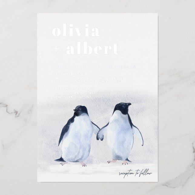 Pinguine Silver Winter Elegante Moderne Hochzeit Folieneinladung (Vorderseite)