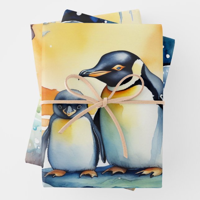 Pinguine tanzen im Wasserfarbenschneesturm Geschenkpapier Set (Beispiel)