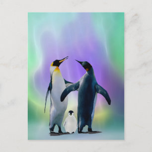 Pinguine und Babys in Aurora borealis Postkarte
