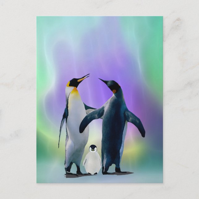 Pinguine und Babys in Aurora borealis Postkarte (Vorderseite)