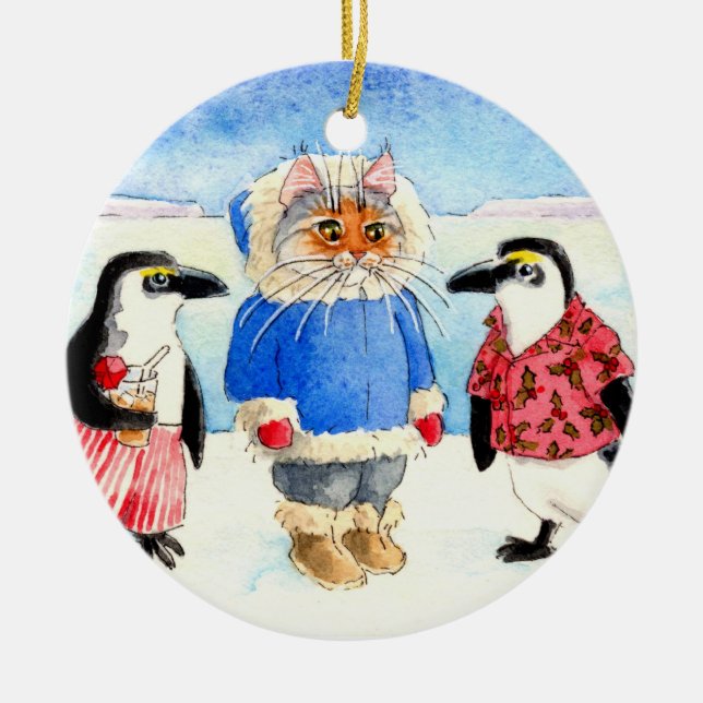 Pinguine und Katzen-Weihnachtsverzierung Keramik Ornament (Vorne)