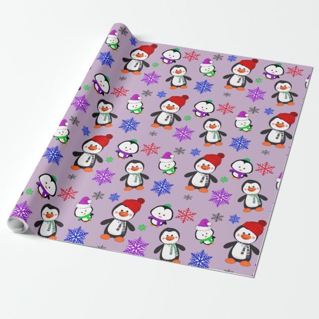 Pinguine und Schneeflocken Niedlich Weihnachten Geschenkpapier (Ungerollt)