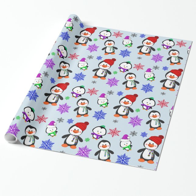Pinguine und Schneeflocken Niedlich Weihnachten Geschenkpapier (Ungerollt)