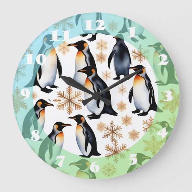 Pinguine und Schneeflocken Weihnachten und Neues J Große Wanduhr (Vorderseite)