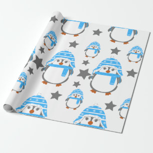 Pinguine und Sterne Spaß blau Geschenkpapier