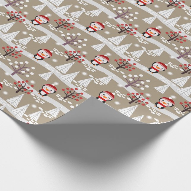 Pinguine und Weihnachtsbäume Geschenkpapier (Ecke)
