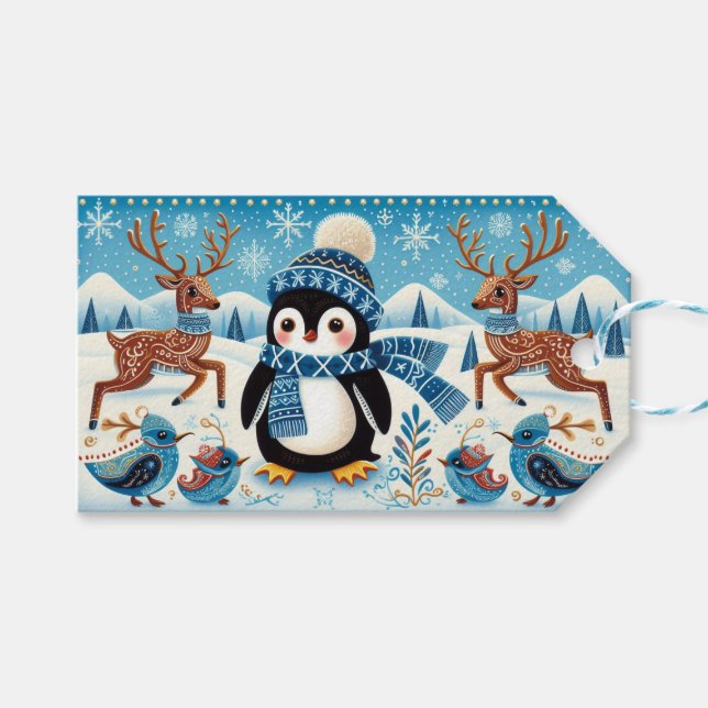 Pinguine, Vögel und Rentiere Geschenkanhänger (Vorderseite (Horizontal))