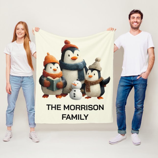 Pinguinfamilie im Winter mit Schneemann Fleecedecke (Beispiel)