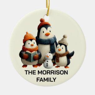 Pinguinfamilie im Winter mit Schneemann Keramik Ornament