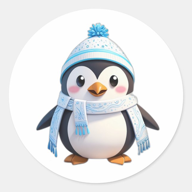 Pinguinkleber mit Schal und Schnee Runder Aufkleber (Vorderseite)