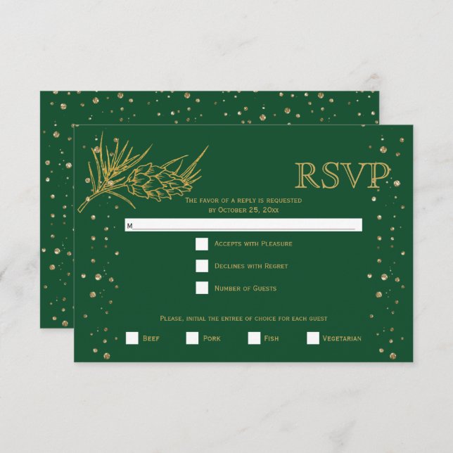 Pinien aus Glitzer, Konfetti, grüne Winterhochzeit RSVP Karte (Vorne/Hinten)