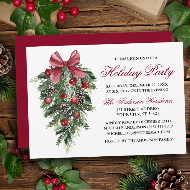Pinien Berries Bow Red Holiday Party Einladung (Customize to change text color, size, style or to change color of back of card.)