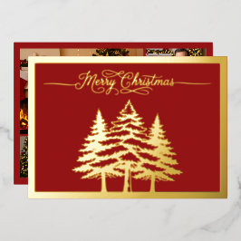 Pinienbäume und frohe Weihnachten in Rot, Gold Folien Feiertagskarte