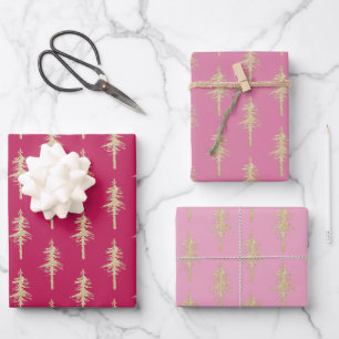 Pinienwald Rosa Himbeere Rot Geschenkpapier Set
