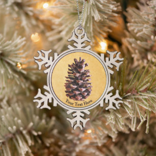 Pinienzapfen auf Vintage-Papier Schneeflocken Zinn-Ornament