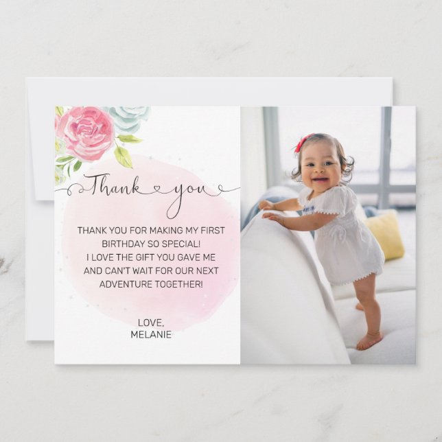 Pink 1. Geburtstag Foto Danke Karte (Vorderseite)
