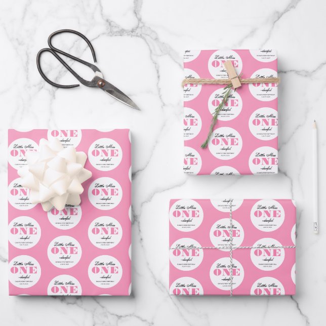 Pink 1. Geburtstag Geschenkpapier Set (Vorderseite)