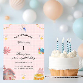 Pink 1st Birthday Invitation  Einladung