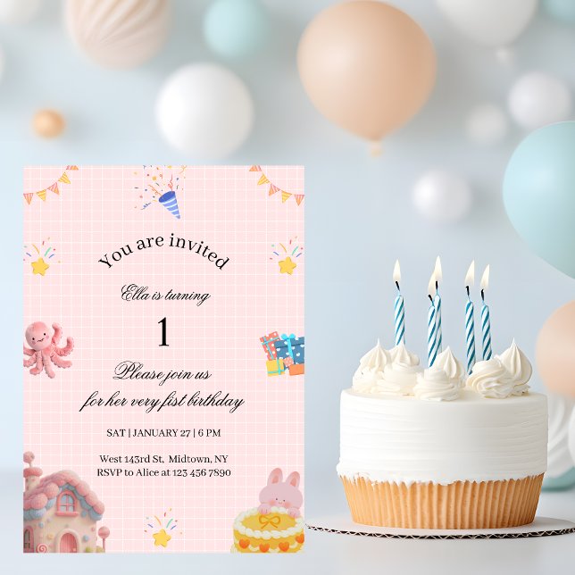 Pink 1st Birthday Invitation  Einladung (Von Creator hochgeladen)