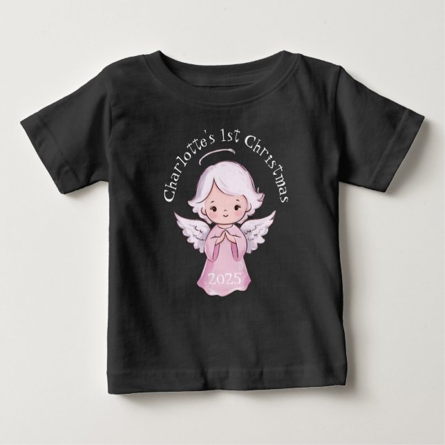 Pink 1st Christmas Girls Angel Cute 2025 Black Baby T-shirt (Vorderseite)