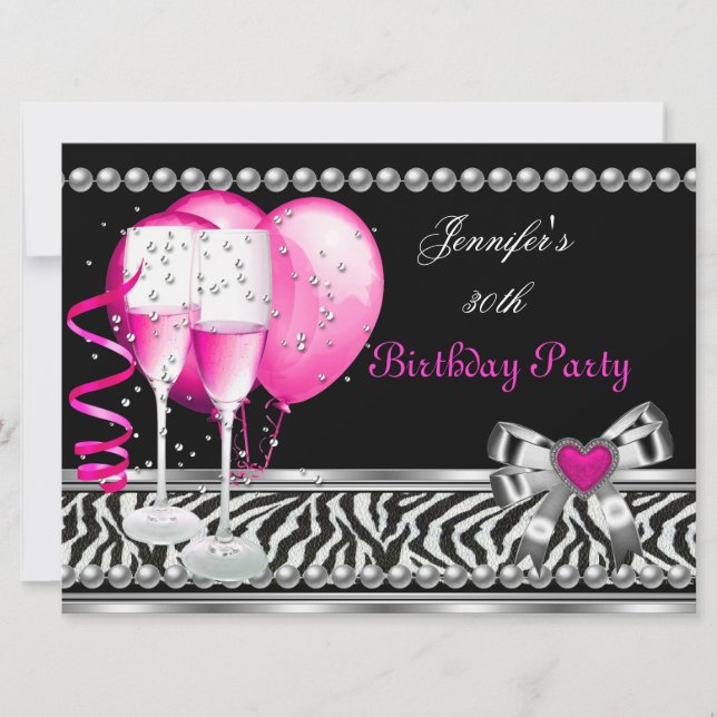 Pink 30. Geburtstag Party Zebra Black Champagne Einladung (Vorderseite)