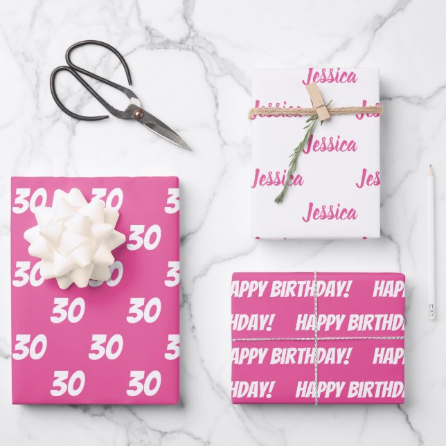 PINK 30th Happy Birthday Individuelle Name Geschenkpapier Set (Vorderseite)