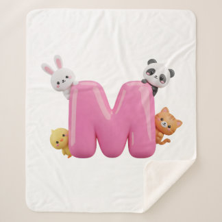 Pink 3D Letter M Medium Sherpa Blanket with Animal Sherpadecke