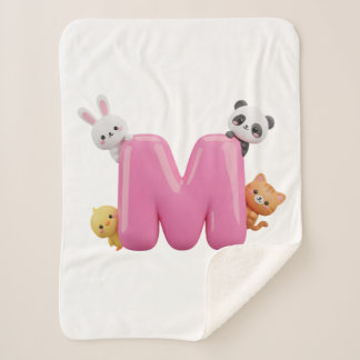 Pink 3D Letter M Small Sherpa Blanket with Animals Sherpadecke