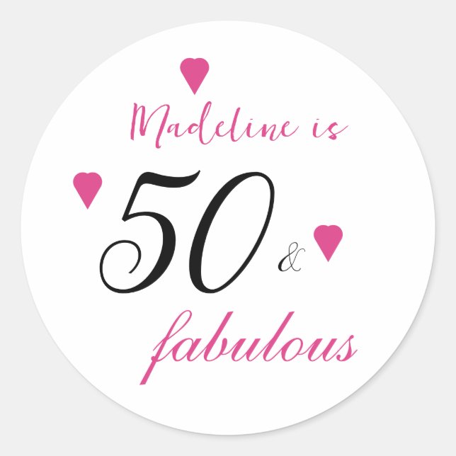 Pink 50 fabelhafte Herzen Typografie 50. Geburtsta Runder Aufkleber (Vorderseite)