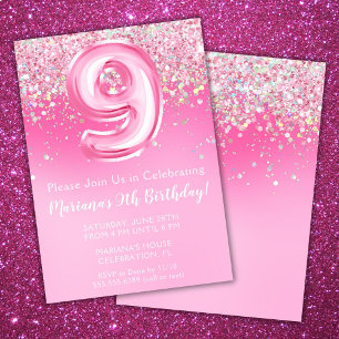 Pink 9. Geburtstag Einladung Girly Pink Glitzer