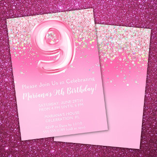 Pink 9. Geburtstag Einladung Girly Pink Glitzer